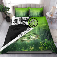 Green and Black Largemouth Bass Fishing Bedding Set Custom Name Design and Angler Silhouette Illustration - Wonder Print Shop