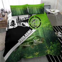 Green and Black Largemouth Bass Fishing Bedding Set Custom Name Design and Angler Silhouette Illustration - Wonder Print Shop