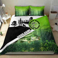 Green and Black Largemouth Bass Fishing Bedding Set Custom Name Design and Angler Silhouette Illustration - Wonder Print Shop