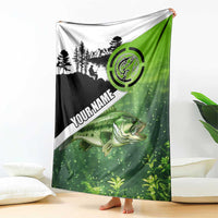 Green and Black Largemouth Bass Fishing Blanket Custom Name Design and Angler Silhouette Illustration - Wonder Print Shop