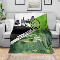 Green and Black Largemouth Bass Fishing Blanket Custom Name Design and Angler Silhouette Illustration - Wonder Print Shop