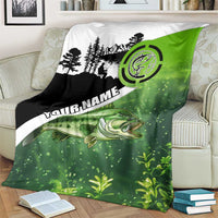 Green and Black Largemouth Bass Fishing Blanket Custom Name Design and Angler Silhouette Illustration - Wonder Print Shop