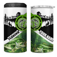 Green and Black Largemouth Bass Fishing 4 in 1 Can Cooler Tumbler Custom Name Design and Angler Silhouette Illustration - Wonder Print Shop