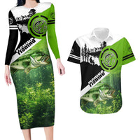 Green and Black Largemouth Bass Fishing Couples Matching Long Sleeve Bodycon Dress and Hawaiian Shirt Custom Name Design and Angler Silhouette Illustration - Wonder Print Shop