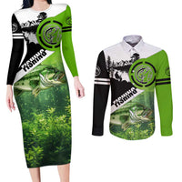 Green and Black Largemouth Bass Fishing Couples Matching Long Sleeve Bodycon Dress and Long Sleeve Button Shirt Custom Name Design and Angler Silhouette Illustration - Wonder Print Shop