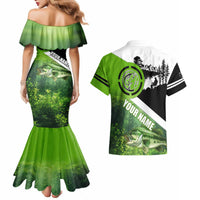 Green and Black Largemouth Bass Fishing Couples Matching Mermaid Dress and Hawaiian Shirt Custom Name Design and Angler Silhouette Illustration - Wonder Print Shop