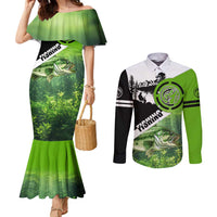 Green and Black Largemouth Bass Fishing Couples Matching Mermaid Dress and Long Sleeve Button Shirt Custom Name Design and Angler Silhouette Illustration - Wonder Print Shop