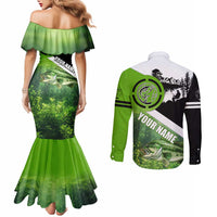 Green and Black Largemouth Bass Fishing Couples Matching Mermaid Dress and Long Sleeve Button Shirt Custom Name Design and Angler Silhouette Illustration - Wonder Print Shop