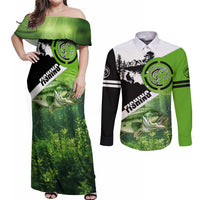 Green and Black Largemouth Bass Fishing Couples Matching Off Shoulder Maxi Dress and Long Sleeve Button Shirt Custom Name Design and Angler Silhouette Illustration - Wonder Print Shop