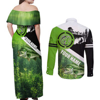 Green and Black Largemouth Bass Fishing Couples Matching Off Shoulder Maxi Dress and Long Sleeve Button Shirt Custom Name Design and Angler Silhouette Illustration - Wonder Print Shop