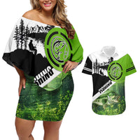Green and Black Largemouth Bass Fishing Couples Matching Off Shoulder Short Dress and Hawaiian Shirt Custom Name Design and Angler Silhouette Illustration - Wonder Print Shop