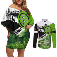 Green and Black Largemouth Bass Fishing Couples Matching Off Shoulder Short Dress and Long Sleeve Button Shirt Custom Name Design and Angler Silhouette Illustration - Wonder Print Shop