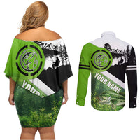 Green and Black Largemouth Bass Fishing Couples Matching Off Shoulder Short Dress and Long Sleeve Button Shirt Custom Name Design and Angler Silhouette Illustration - Wonder Print Shop