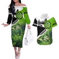 Green and Black Largemouth Bass Fishing Couples Matching Off The Shoulder Long Sleeve Dress and Hawaiian Shirt Custom Name Design and Angler Silhouette Illustration - Wonder Print Shop