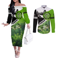 Green and Black Largemouth Bass Fishing Couples Matching Off The Shoulder Long Sleeve Dress and Long Sleeve Button Shirt Custom Name Design and Angler Silhouette Illustration - Wonder Print Shop