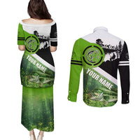 Green and Black Largemouth Bass Fishing Couples Matching Puletasi and Long Sleeve Button Shirt Custom Name Design and Angler Silhouette Illustration - Wonder Print Shop