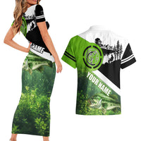 Green and Black Largemouth Bass Fishing Couples Matching Short Sleeve Bodycon Dress and Hawaiian Shirt Custom Name Design and Angler Silhouette Illustration - Wonder Print Shop