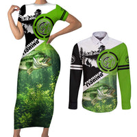 Green and Black Largemouth Bass Fishing Couples Matching Short Sleeve Bodycon Dress and Long Sleeve Button Shirt Custom Name Design and Angler Silhouette Illustration - Wonder Print Shop