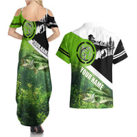 Green and Black Largemouth Bass Fishing Couples Matching Summer Maxi Dress and Hawaiian Shirt Custom Name Design and Angler Silhouette Illustration - Wonder Print Shop