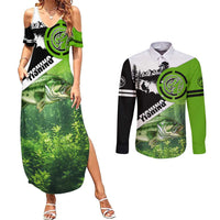 Green and Black Largemouth Bass Fishing Couples Matching Summer Maxi Dress and Long Sleeve Button Shirt Custom Name Design and Angler Silhouette Illustration - Wonder Print Shop