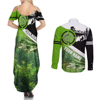 Green and Black Largemouth Bass Fishing Couples Matching Summer Maxi Dress and Long Sleeve Button Shirt Custom Name Design and Angler Silhouette Illustration - Wonder Print Shop