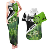 Green and Black Largemouth Bass Fishing Couples Matching Tank Maxi Dress and Hawaiian Shirt Custom Name Design and Angler Silhouette Illustration - Wonder Print Shop