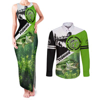 Green and Black Largemouth Bass Fishing Couples Matching Tank Maxi Dress and Long Sleeve Button Shirt Custom Name Design and Angler Silhouette Illustration - Wonder Print Shop