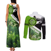 Green and Black Largemouth Bass Fishing Couples Matching Tank Maxi Dress and Long Sleeve Button Shirt Custom Name Design and Angler Silhouette Illustration - Wonder Print Shop