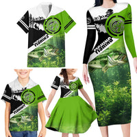 Green and Black Largemouth Bass Fishing Family Matching Long Sleeve Bodycon Dress and Hawaiian Shirt Custom Name Design and Angler Silhouette Illustration - Wonder Print Shop