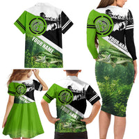 Green and Black Largemouth Bass Fishing Family Matching Long Sleeve Bodycon Dress and Hawaiian Shirt Custom Name Design and Angler Silhouette Illustration - Wonder Print Shop