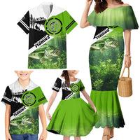 Green and Black Largemouth Bass Fishing Family Matching Mermaid Dress and Hawaiian Shirt Custom Name Design and Angler Silhouette Illustration - Wonder Print Shop