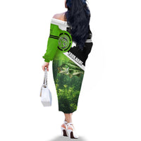 Green and Black Largemouth Bass Fishing Family Matching Off The Shoulder Long Sleeve Dress and Hawaiian Shirt Custom Name Design and Angler Silhouette Illustration - Wonder Print Shop