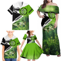 Green and Black Largemouth Bass Fishing Family Matching Off Shoulder Maxi Dress and Hawaiian Shirt Custom Name Design and Angler Silhouette Illustration - Wonder Print Shop