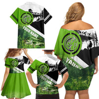 Green and Black Largemouth Bass Fishing Family Matching Off Shoulder Short Dress and Hawaiian Shirt Custom Name Design and Angler Silhouette Illustration - Wonder Print Shop