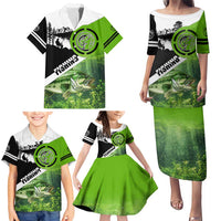 Green and Black Largemouth Bass Fishing Family Matching Puletasi and Hawaiian Shirt Custom Name Design and Angler Silhouette Illustration - Wonder Print Shop