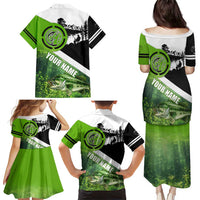 Green and Black Largemouth Bass Fishing Family Matching Puletasi and Hawaiian Shirt Custom Name Design and Angler Silhouette Illustration - Wonder Print Shop