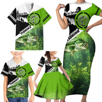 Green and Black Largemouth Bass Fishing Family Matching Short Sleeve Bodycon Dress and Hawaiian Shirt Custom Name Design and Angler Silhouette Illustration - Wonder Print Shop