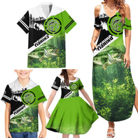 Green and Black Largemouth Bass Fishing Family Matching Summer Maxi Dress and Hawaiian Shirt Custom Name Design and Angler Silhouette Illustration - Wonder Print Shop