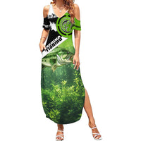 Green and Black Largemouth Bass Fishing Family Matching Summer Maxi Dress and Hawaiian Shirt Custom Name Design and Angler Silhouette Illustration - Wonder Print Shop