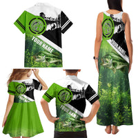 Green and Black Largemouth Bass Fishing Family Matching Tank Maxi Dress and Hawaiian Shirt Custom Name Design and Angler Silhouette Illustration - Wonder Print Shop