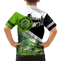Green and Black Largemouth Bass Fishing Hawaiian Shirt Custom Name Design and Angler Silhouette Illustration - Wonder Print Shop