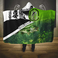 Green and Black Largemouth Bass Fishing Hooded Blanket Custom Name Design and Angler Silhouette Illustration - Wonder Print Shop