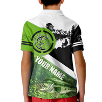 Green and Black Largemouth Bass Fishing Kid Polo Shirt Custom Name Design and Angler Silhouette Illustration - Wonder Print Shop