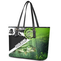 Green and Black Largemouth Bass Fishing Leather Tote Bag Custom Name Design and Angler Silhouette Illustration - Wonder Print Shop