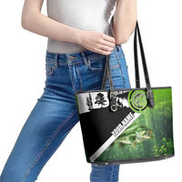 Green and Black Largemouth Bass Fishing Leather Tote Bag Custom Name Design and Angler Silhouette Illustration - Wonder Print Shop