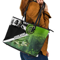 Green and Black Largemouth Bass Fishing Leather Tote Bag Custom Name Design and Angler Silhouette Illustration - Wonder Print Shop