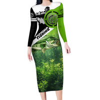Green and Black Largemouth Bass Fishing Long Sleeve Bodycon Dress Custom Name Design and Angler Silhouette Illustration - Wonder Print Shop