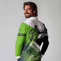Green and Black Largemouth Bass Fishing Long Sleeve Polo Shirt Custom Name Design and Angler Silhouette Illustration - Wonder Print Shop