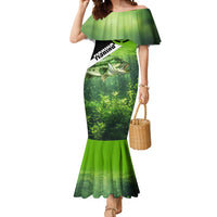 Green and Black Largemouth Bass Fishing Mermaid Dress Custom Name Design and Angler Silhouette Illustration - Wonder Print Shop