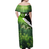 Green and Black Largemouth Bass Fishing Off Shoulder Maxi Dress Custom Name Design and Angler Silhouette Illustration - Wonder Print Shop